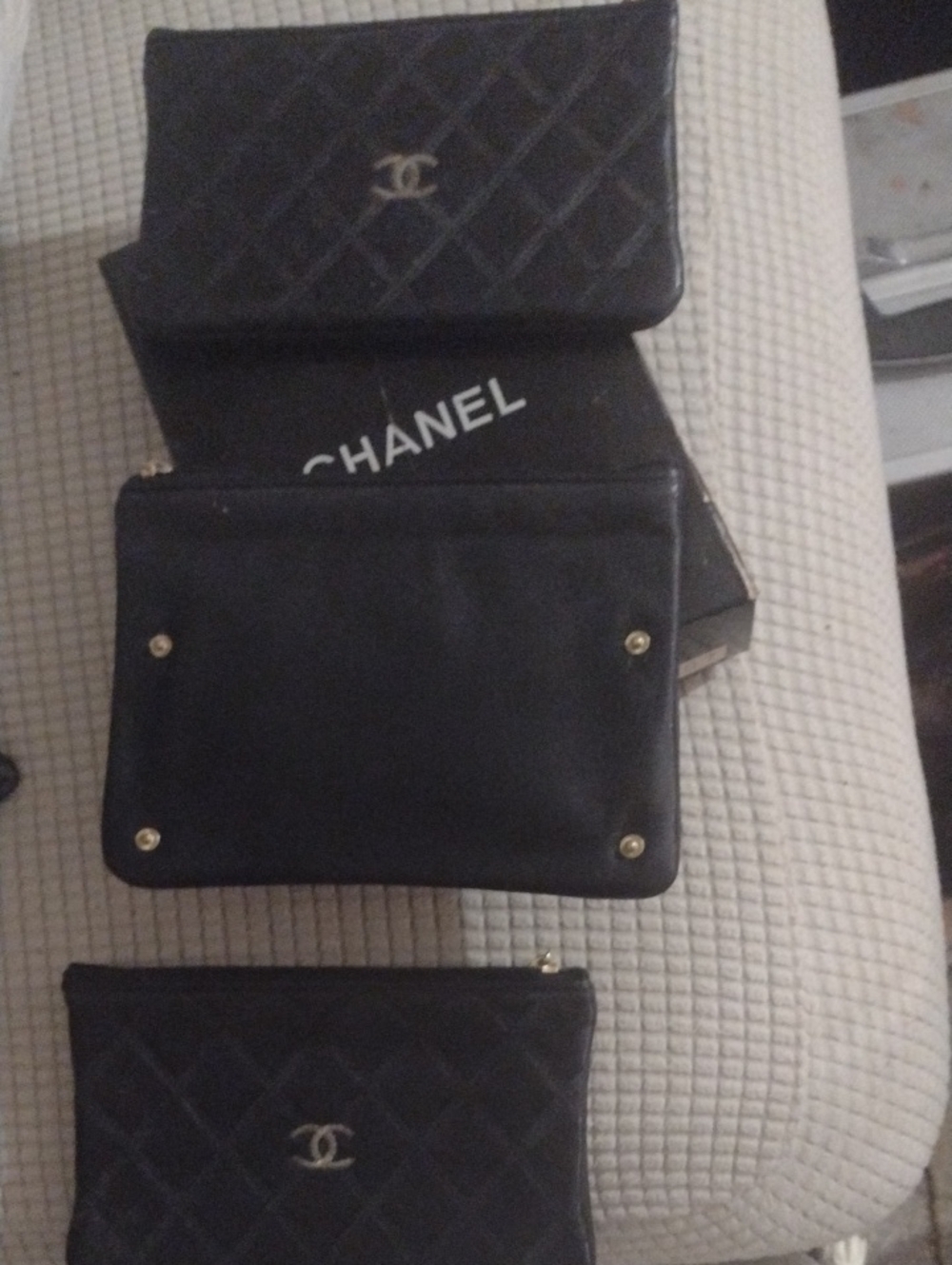 Vintage Chanel 3 Piece Snap Black Leather Wallet/ Wristlet With Box $175